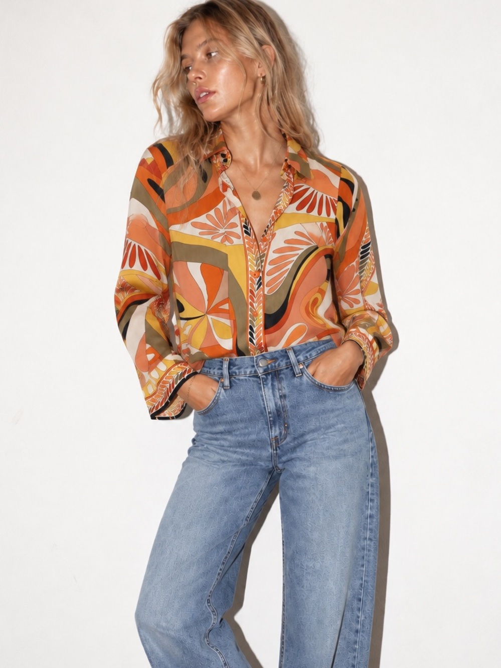 Zara Abstract Retro Print Button Front Shirt Blouse Orange Yellow XS